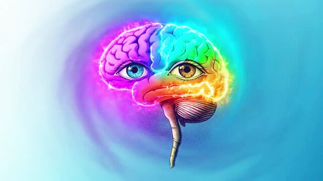 A video showcasing a creative brain illustration with colorful sections and eyes, featuring a colorful brain with eyes.