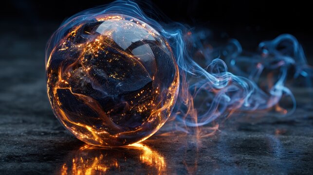 Glowing sphere with fiery interior and wispy smoke on a dark surface - Powered by Adobe
