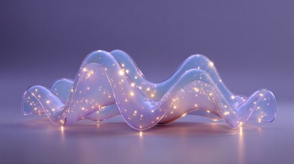 An abstract, iridescent, flowing form with sparkling particles