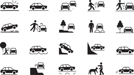 Black and white car accident icons and people walking