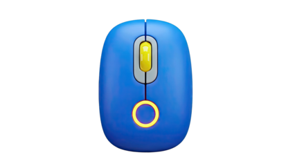 Blue Computer Mouse with Yellow Scroll Wheel and Glowing Accent