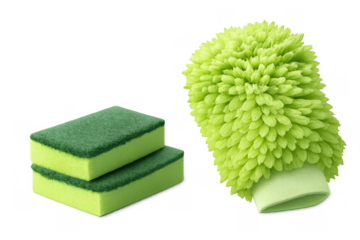 Green cleaning supplies for household chores including scouring pads and a microfiber wash mitt, transparent background