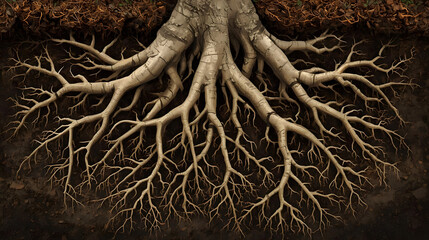 Fototapeta premium Tree roots in forest soil with branches and leaves