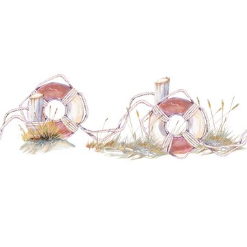Coastal seaside scene with a lifebuoy in tall yellow grass and ropes on wooden pier stakes. Calm maritime composition designed a seamless border for cards, posters, and decor, watercolor illustration