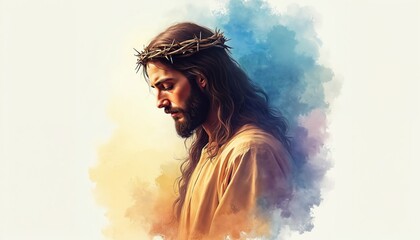 Jesus Christ with crown of thorns bowed head profile, watercolor style. Religious art background with clouds in blue yellow tones. Divine faith and prayer symbolic image.