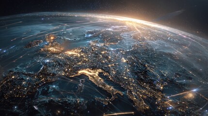 Night view of Europe from space, illuminated city lights, interconnected network
