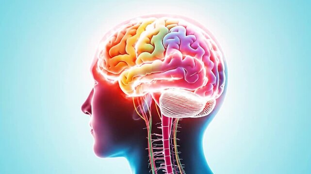 A video showcasing a human brain with colorful sections on a blue background, where the brain&rsquo;s colors are automatically changing.