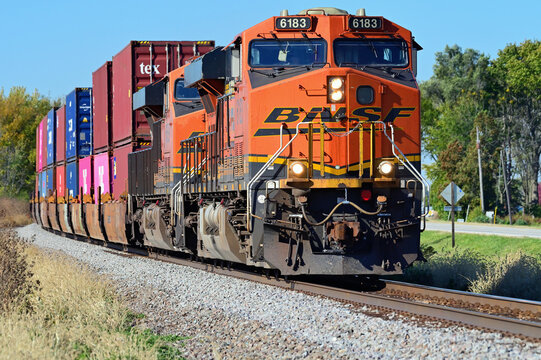 An eastbound Burlington Northern Santa Fe container train passing through north central Illinois destined for BNSF's Cicero Yard in Chicago.