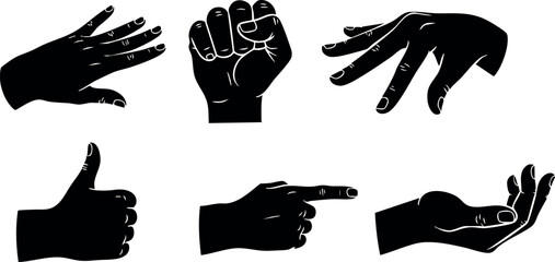 Silhouette hands gestures set with various signs in black vector illustration 