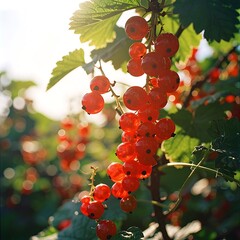 Red currant berries hang from a branch with bright green leaves, backlit by sun
