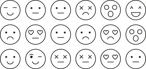 Minimalist emoji line icon set with happy sad surprised winking and dead faces for social media communication design.
