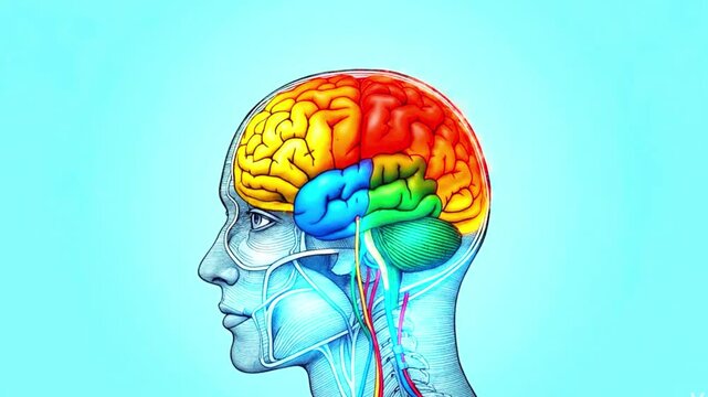 A video showcasing a human brain with colorful sections on a blue background, where the brain&rsquo;s colors are automatically changing.