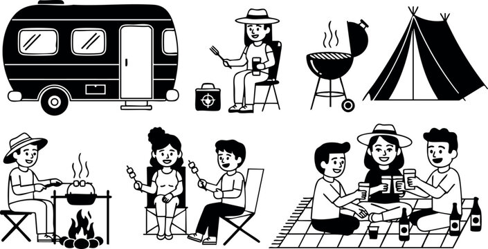 Camping activities with camper van tent barbecue picnic outdoor leisure family scene vector 