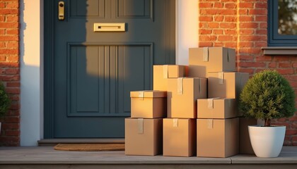 Cardboard delivery boxes stacked on a wooden porch near a front door. Warm sunlight casts long shadows. Online shopping, e-commerce, and logistics services arrive at a residential house.