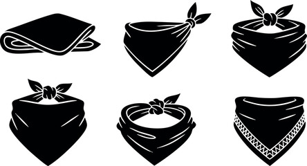 Bandana scarf vector icons in black silhouette style for fashion and accessories design 