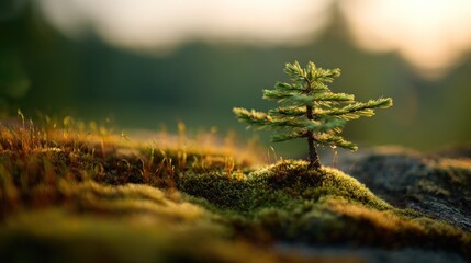 Tiny evergreen tree bathed in warm sunlight, atop mossy ground. Soft, blurred background