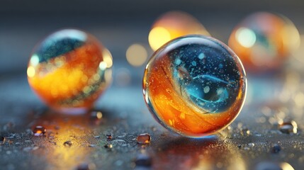 Close-up shot of several translucent spheres with colorful, swirling inner details on wet surface