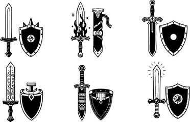 Medieval swords and shields vector set with detailed designs in black and white illustration 