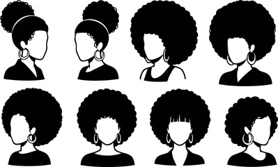 Silhouettes of women with afro hairstyles and hoop earrings vector illustration diverse beauty 