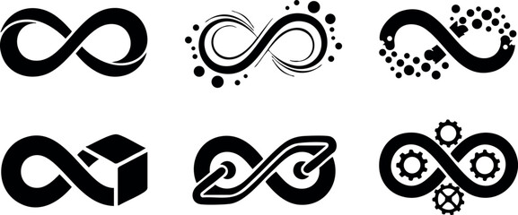 Infinity symbol variations vector set with abstract and geometric designs in black and white 