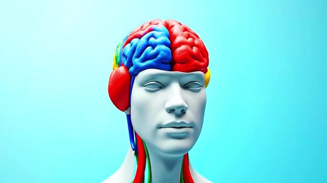 A video showcasing a human brain with colorful sections on a blue background, where the brain&rsquo;s colors are automatically changing.
