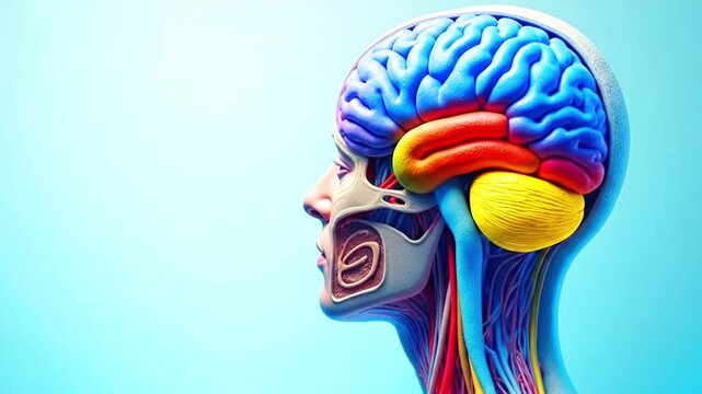 A video showcasing a human brain with colorful sections on a blue background, where the brain&rsquo;s colors are automatically changing.