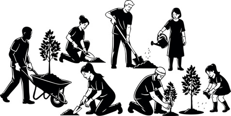 Group of People Planting Trees in Community Garden Vector Illustration Environmental Activity 