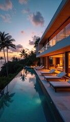 Fototapeta premium Modern villa with infinity pool at sunset. Palm trees and ocean view create tropical paradise feel. Luxury resort offers serene relaxation and vacation experience for travelers.