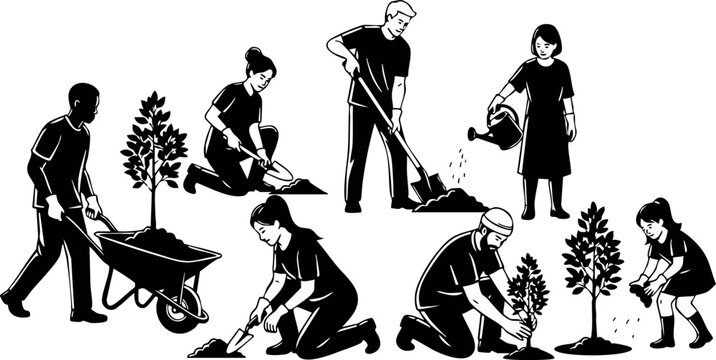 Group of People Planting Trees in Community Garden Vector Illustration Environmental Activity 