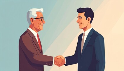 Flat illustration of two smiling businessmen, a young professional and a senior executive, shaking hands for a deal.