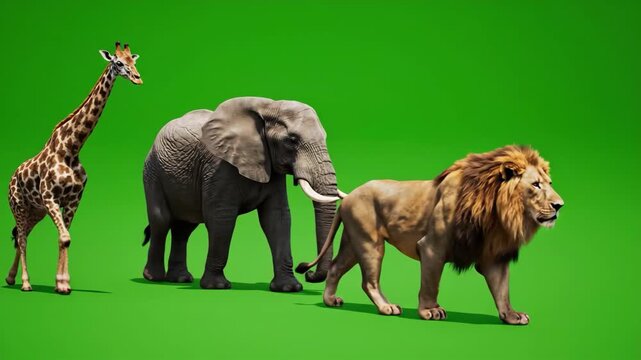 Safari Trio Parade Lion with Elephant, and Giraffe Stroll on Green Screen Backdrop.
