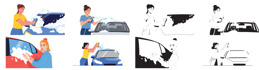 Car washing process steps with people