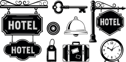 Hotel signage key bell luggage clock vector collection in black and white classic style 