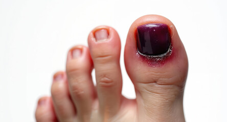 Closeup of purple bruised toenail with inflamed skin around. Big toe shows signs of trauma, possibly from accident medical condition. Healthy toes visible nearby, contrasting with injured one.