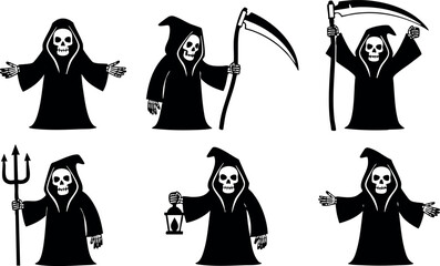 Grim Reaper Vector Set with Scythe and Hourglass Illustration in Black and White Style 