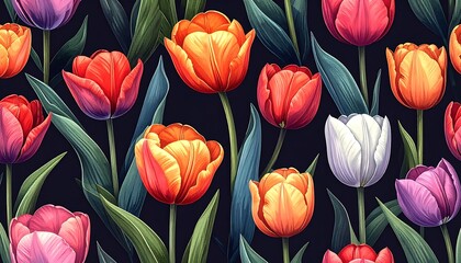 Repeating vivid tulip blossom pattern with lush green leaves on a dark background in various colors