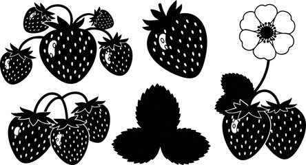 Strawberry fruit and leaf vector illustration with flower and multiple berries in black silhouette 
