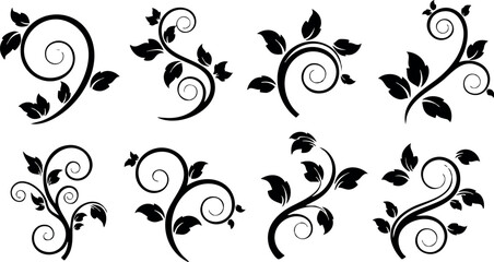 Black floral vine swirl ornamental vector set with leaves and curls for decoration 