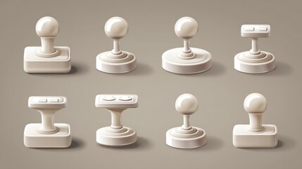 Eight stylized, ivory-colored, retro-style joysticks and control pads with varying base and top designs, arranged on a taupe backdrop