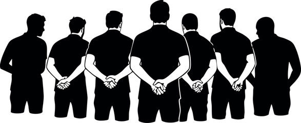 Group of seven men standing with hands behind back silhouette vector illustration 