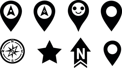 Location and navigation map pins with compass arrow star icons vector illustration 