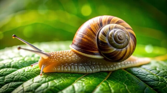 Close up of a snail on a vibrant green leaf nature background
