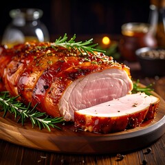 Roasted pork loin sliced on wooden board, garnished with rosemary sprigs. Warm, inviting, and delicious-looking