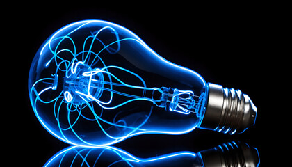 Light bulb glowing with digital blue circuit lines concept