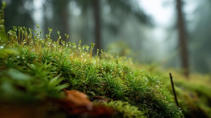 Dew-kissed moss sprouts emerge from a lush carpet of green, nestled amongst fallen leaves on a forest floor, with blurred trees in the background suggesting a misty, tranquil woodland scene