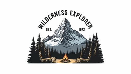 Vintage Wilderness Explorer Mountain Campfire Scene.