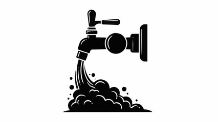 Water flowing from a black faucet into dark foamy liquid.