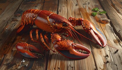 Roasted reddish-brown lobster on a light wood surface, showcasing cooked texture. Fresh herbs add accent