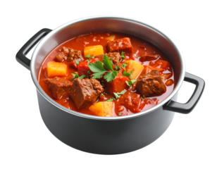 Delicious goulash in pot isolated on transparent png
