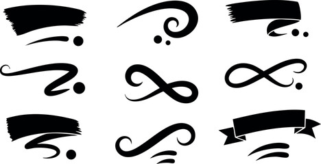 Decorative black swirl and brush stroke vector elements for graphic design and illustration 